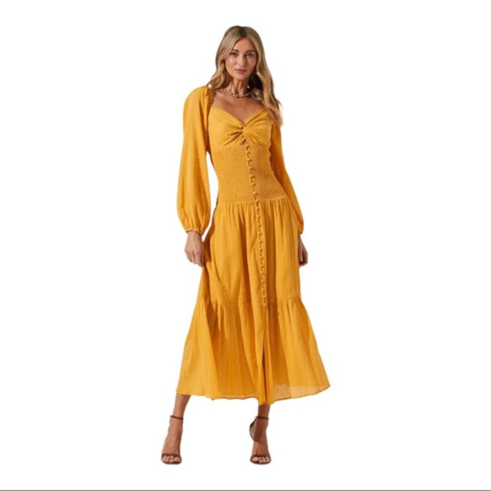 ASTR The Label Yellow Swiss Dot Twist Bust Long Sleeve Midi Dress Size L